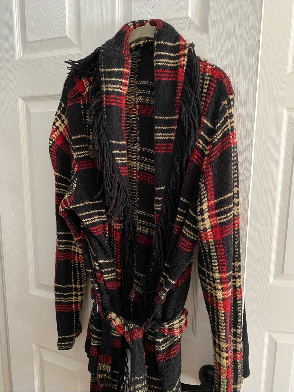 Ralph Lauren Black Red Cream Plaid Fringe Shawl Cardigan